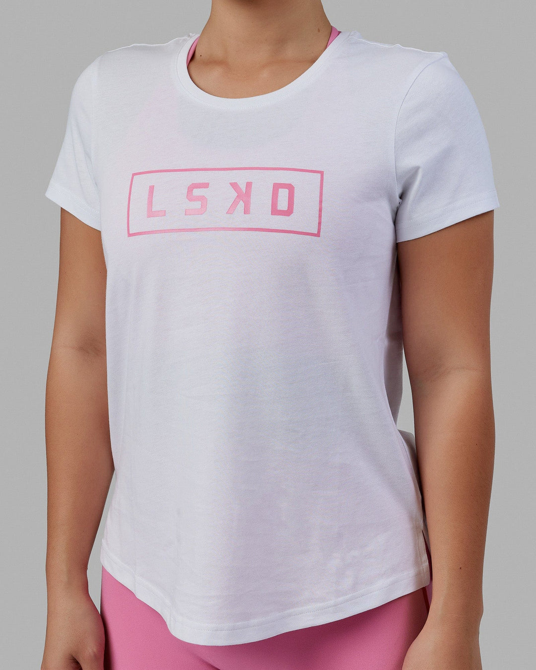 Woman wearing Luna Tee - White-Pink Rose