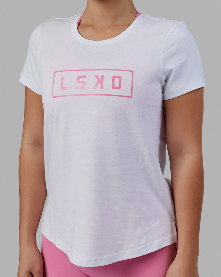 Woman wearing Luna Tee - White-Pink Rose