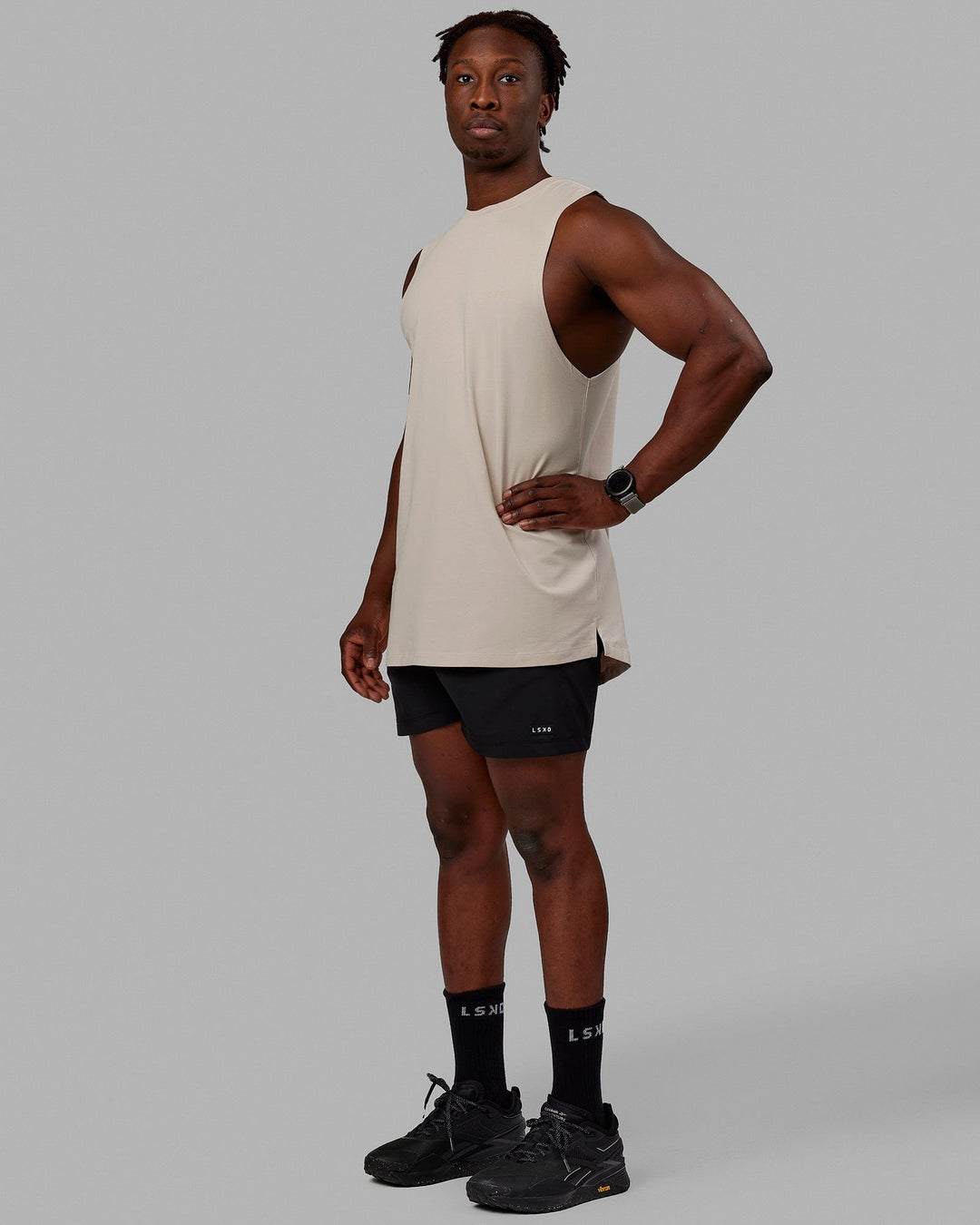 Man wearing Deluxe PimaFLX Tank - Shale Beige
