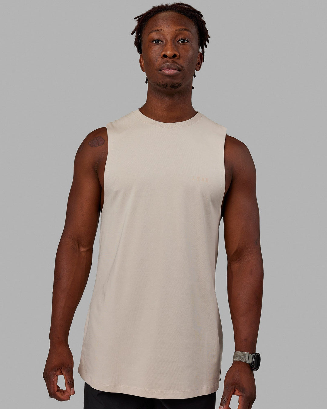 Man wearing Deluxe PimaFLX Tank - Shale Beige