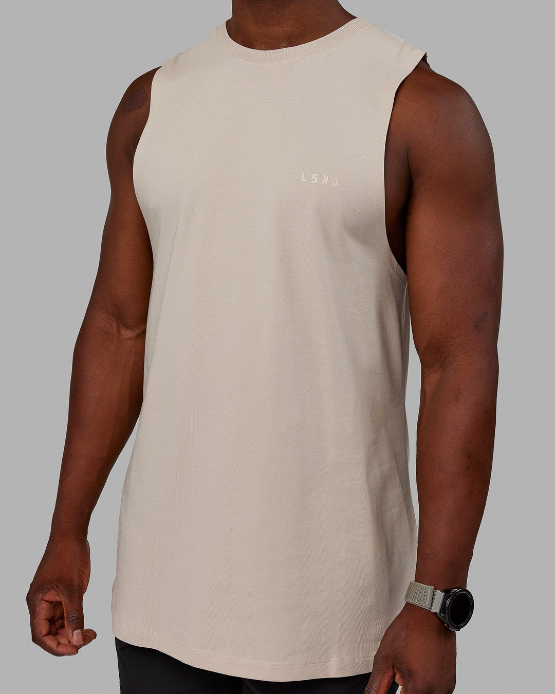 Man wearing Deluxe PimaFLX Tank - Shale Beige