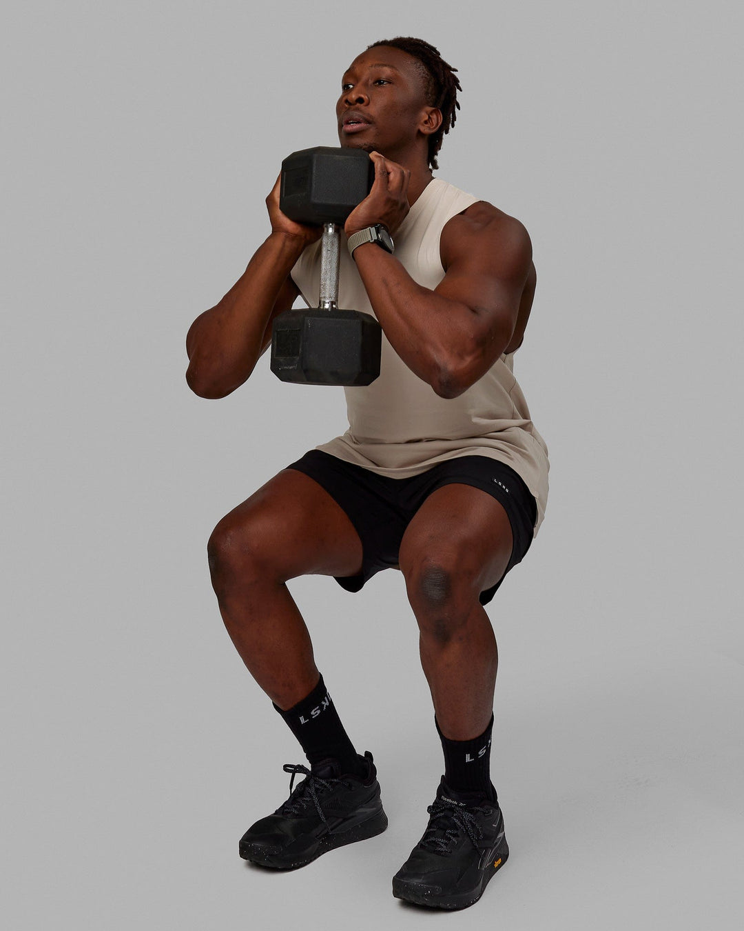 Man wearing Deluxe PimaFLX Tank - Shale Beige