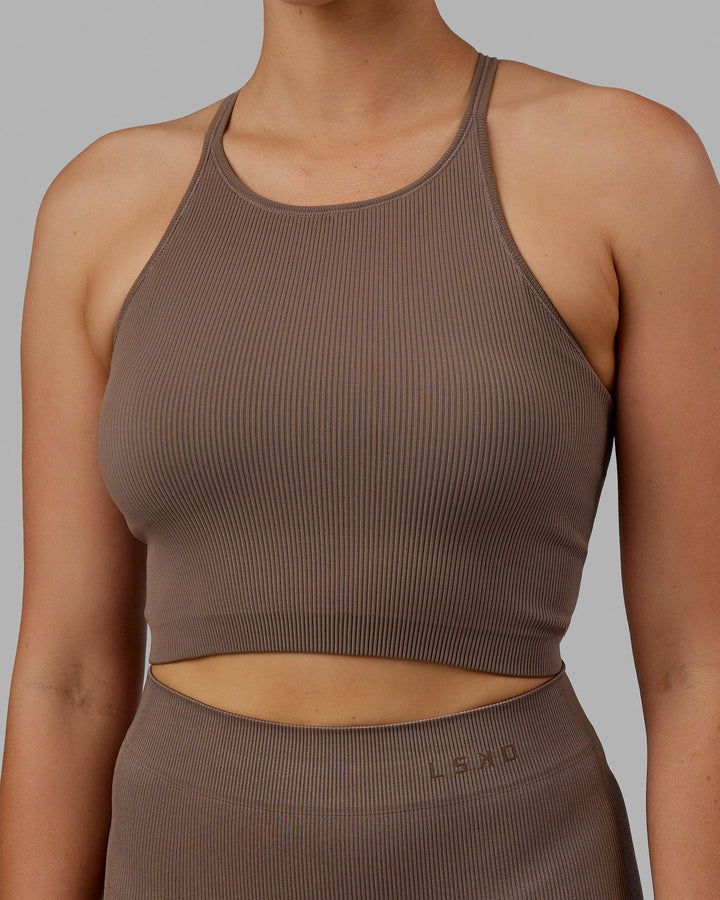 Woman wearing Minimal Seamless Crop Ribbed Tank - Deep Taupe