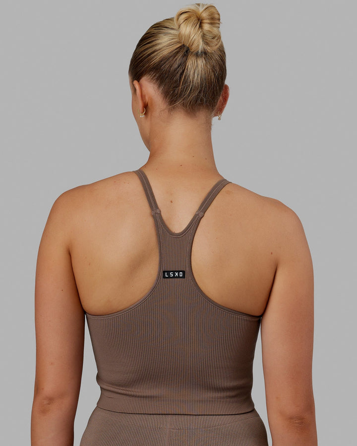 Woman wearing Minimal Seamless Crop Ribbed Tank - Deep Taupe