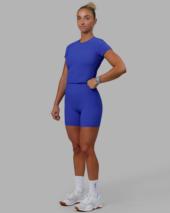Woman wearing Momentum Ribbed Tee - Power Cobalt