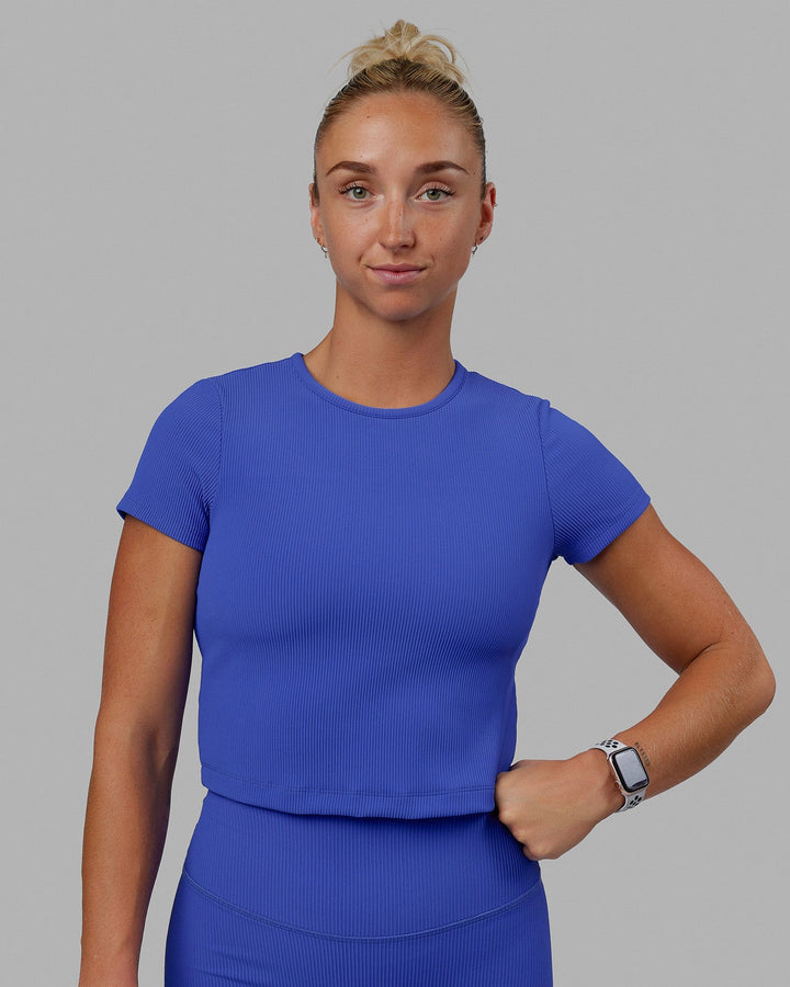 Woman wearing Momentum Ribbed Tee - Power Cobalt