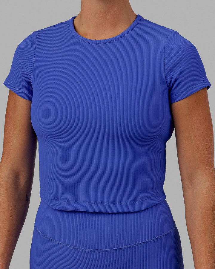 Woman wearing Momentum Ribbed Tee - Power Cobalt