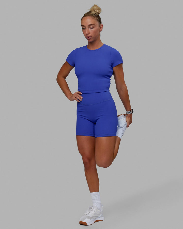 Woman wearing Momentum Ribbed Tee - Power Cobalt