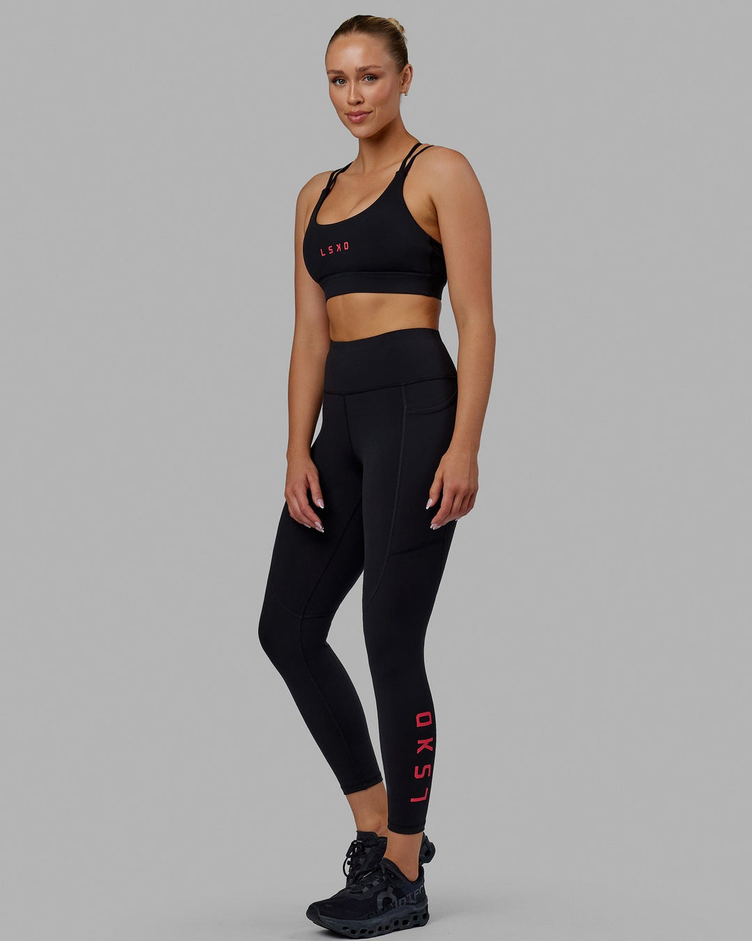 Woman wearing Rep 7/8 Length Tights - Black-Raspberry