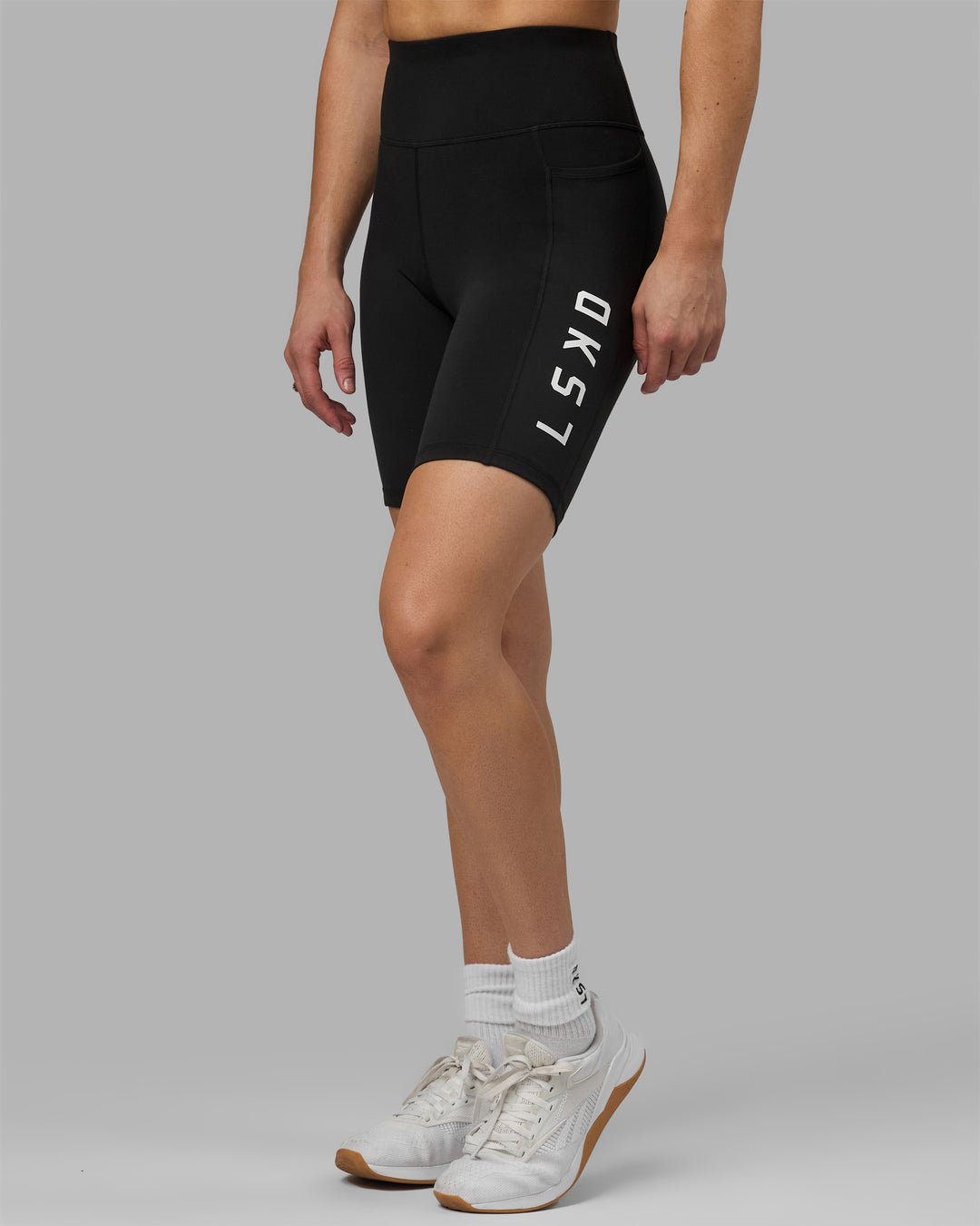 Woman wearing Rep Ultra High-Rise 9&quot; Short Pockets - Black-White | Model:Hannah | Size:S