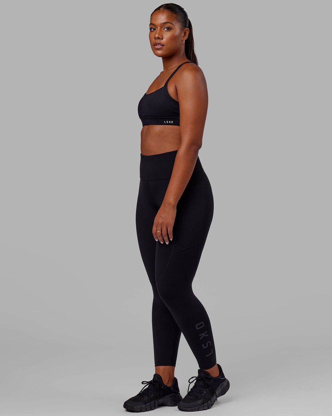 Woman wearing Rep Ultra High-Rise Full Length Legging Pockets - Black-Black | Model:Sierra | Size:L