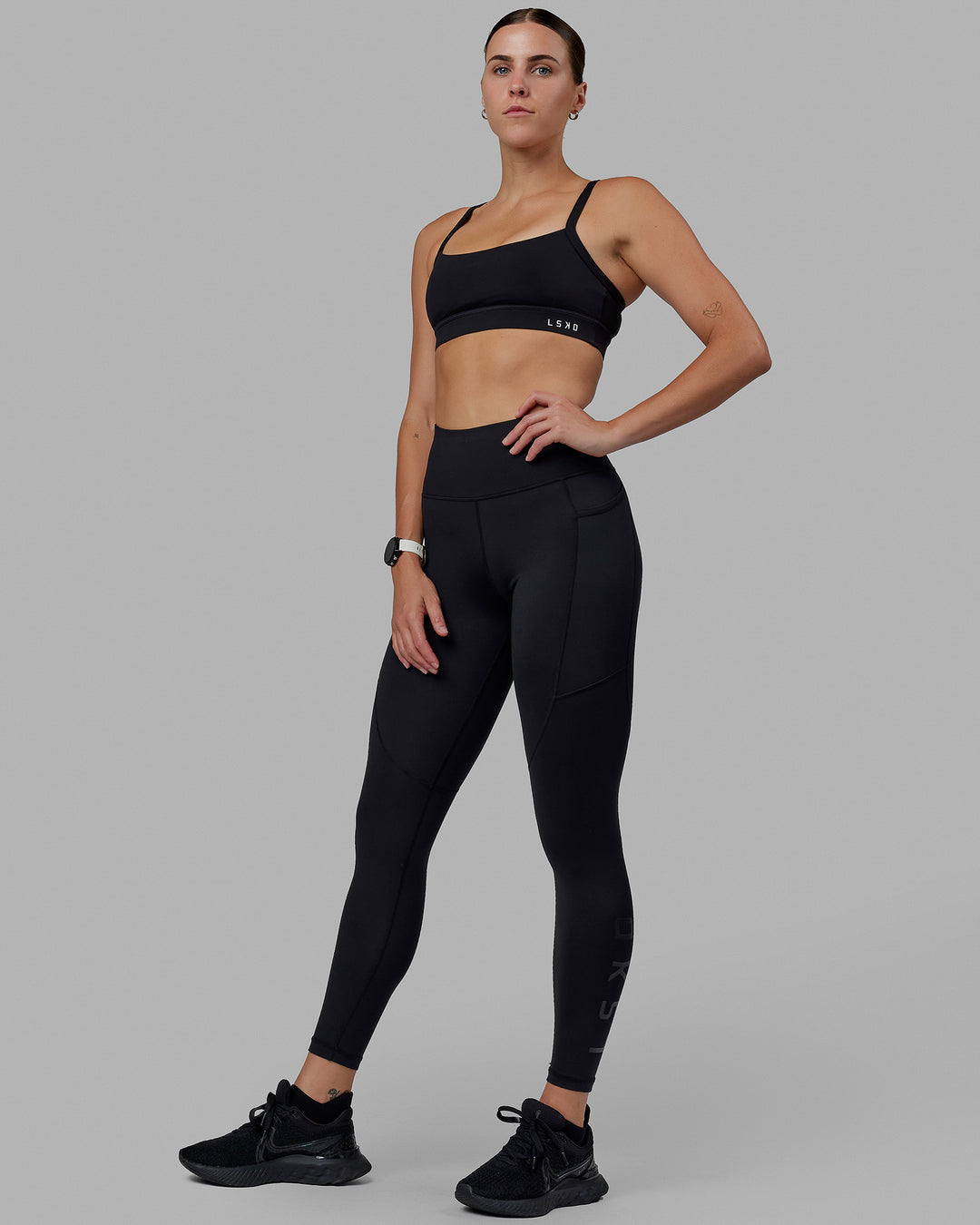 Woman wearing Rep Ultra High-Rise Full Length Legging Pockets - Black-Black | Model:Shae | Size:S