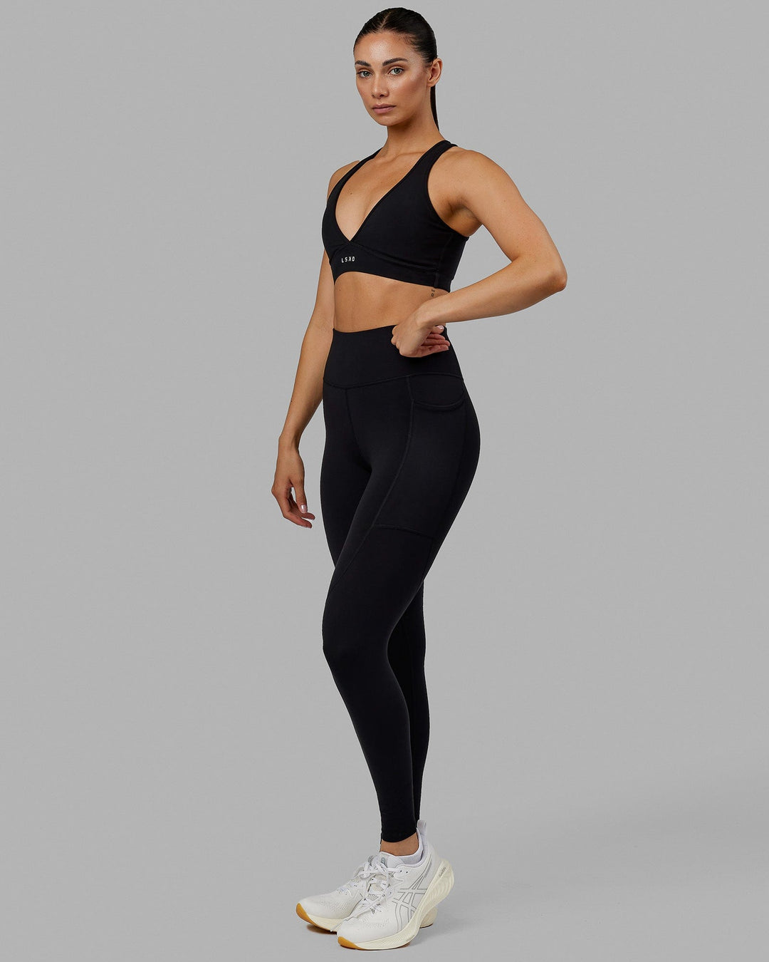 Woman wearing Rep Ultra High-Rise Full Length Legging Pockets No Logo - Black | Model:Blaize | Size:S