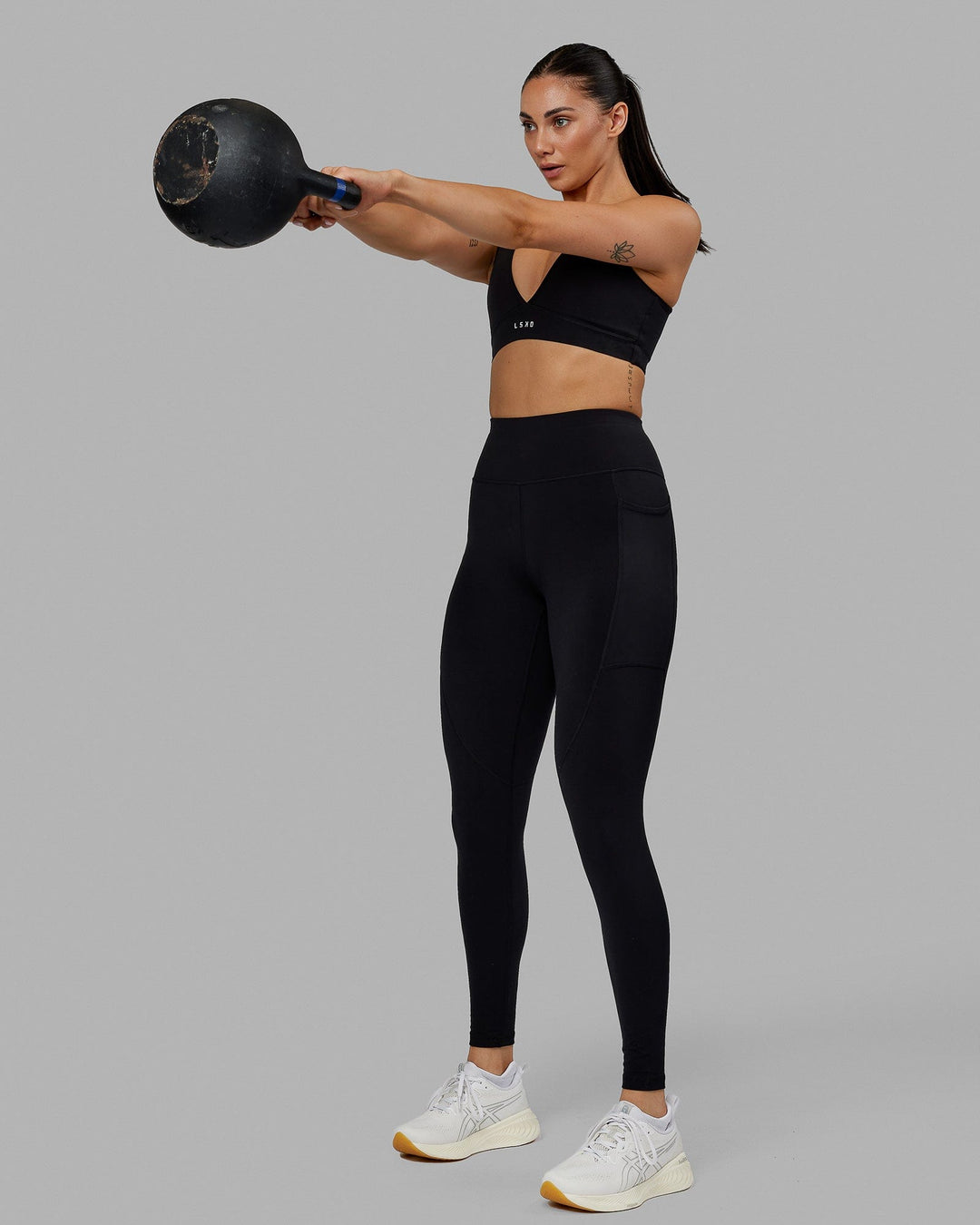 Woman wearing Rep Ultra High-Rise Full Length Legging Pockets No Logo - Black | Model:Blaize | Size:S