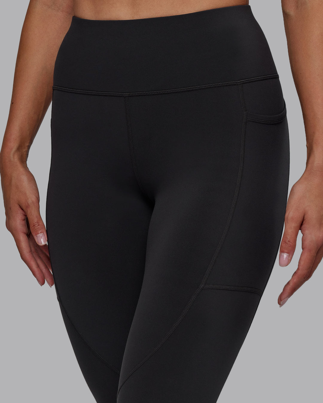 Woman wearing Rep Ultra High-Rise Full Length Legging Pockets - Pirate Black-White | Model:Blaize | Size:S