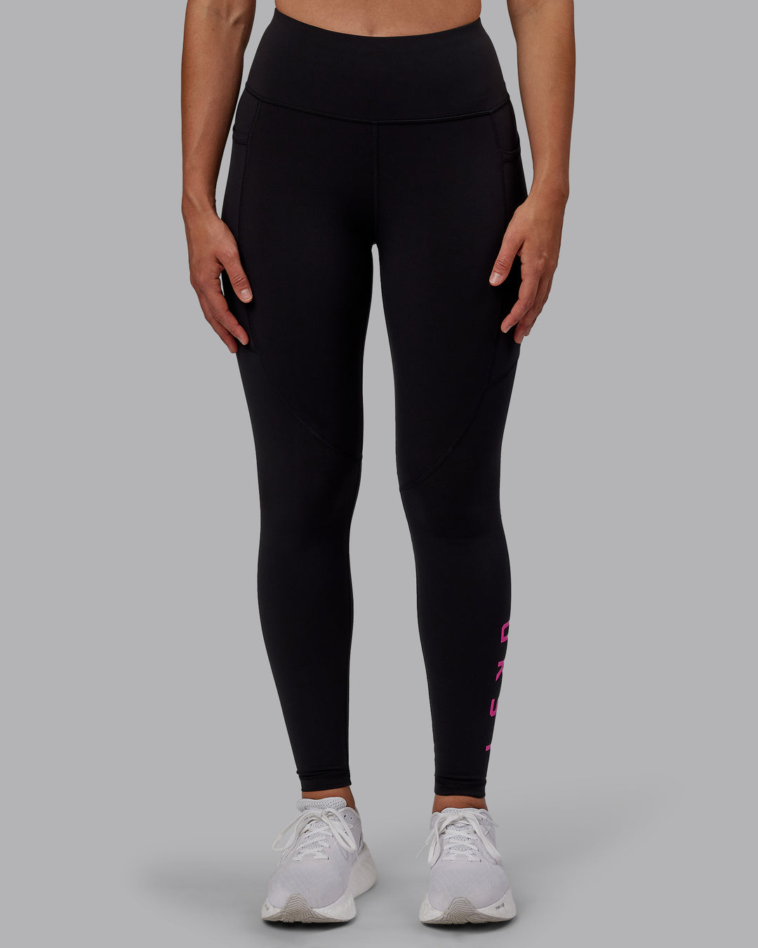 Woman wearing Rep Ultra High-Rise Full Length Legging Pockets - Black-Fuchsia Pink | Model:Sophie | Size:S