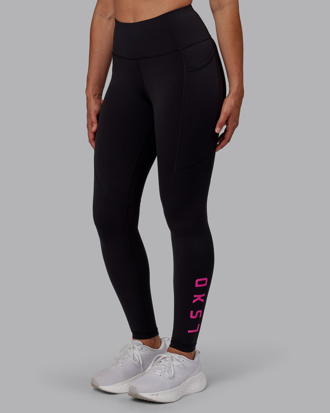 Woman wearing Rep Ultra High-Rise Full Length Legging Pockets - Black-Fuchsia Pink | Model:Sophie | Size:S