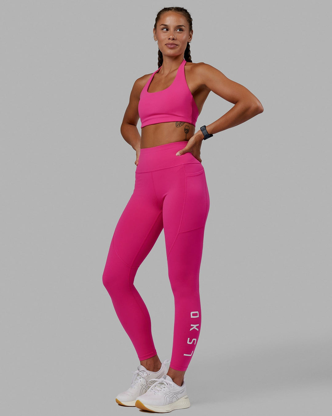 Woman wearing Rep Full Length Tights - Ultra Pink-White