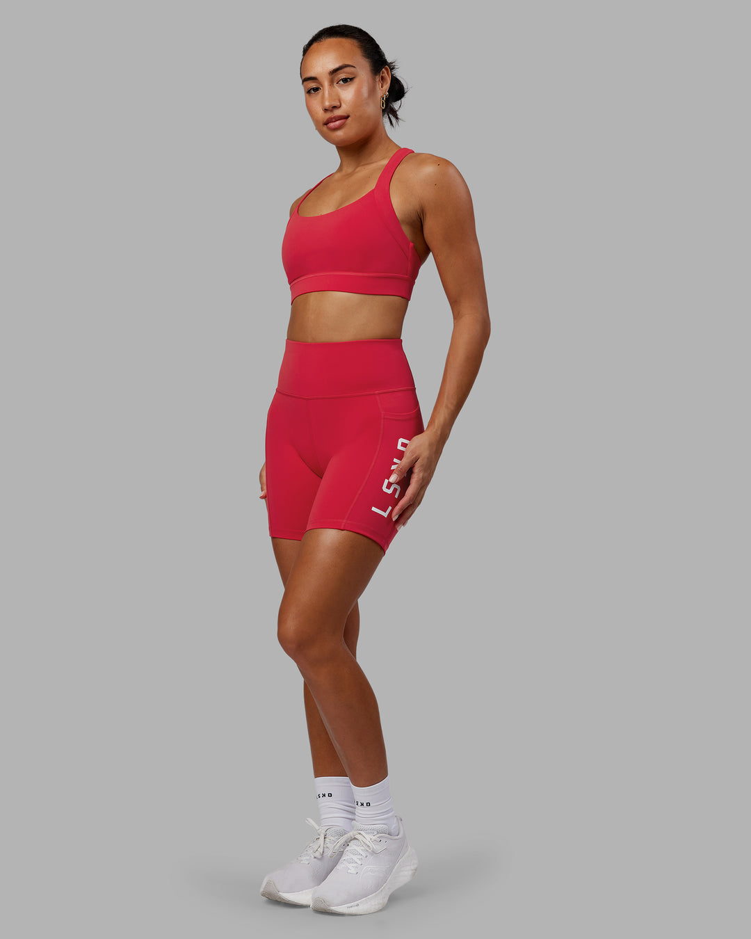 Woman wearing Rep Ultra High-Rise 6&quot; Short Pockets - Scarlet-White | Model:Demi | Size:S