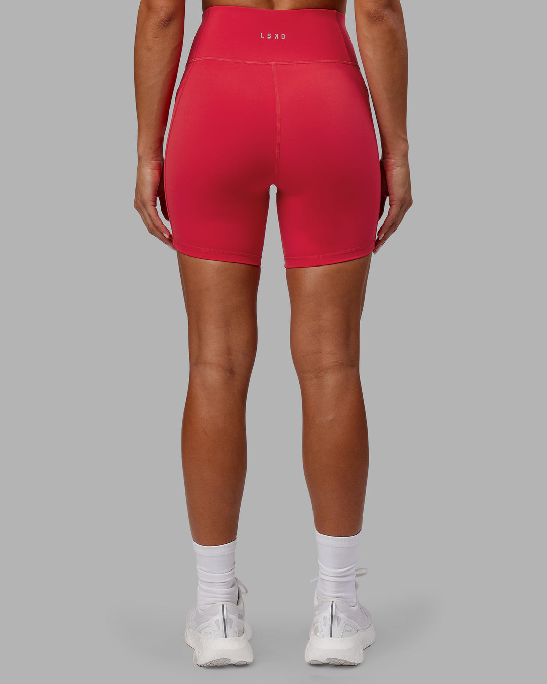 Woman wearing Rep Ultra High-Rise 6&quot; Short Pockets - Scarlet-White | Model:Demi | Size:S