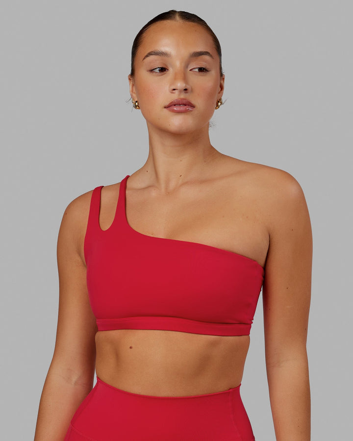 Woman wearing Set Up Sports Bra - Scarlet