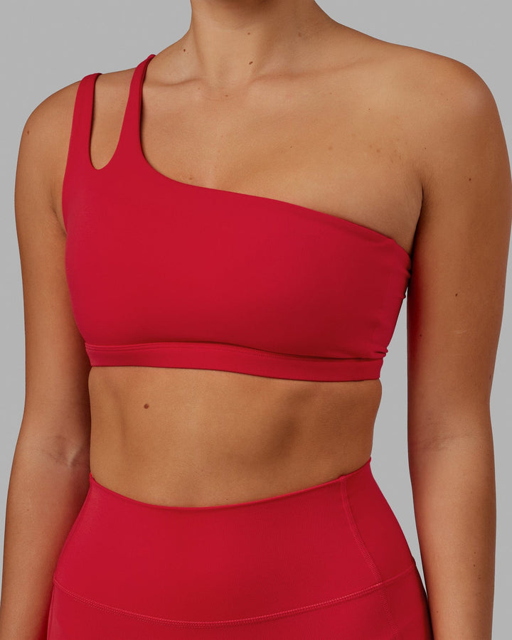 Woman wearing Set Up Sports Bra - Scarlet