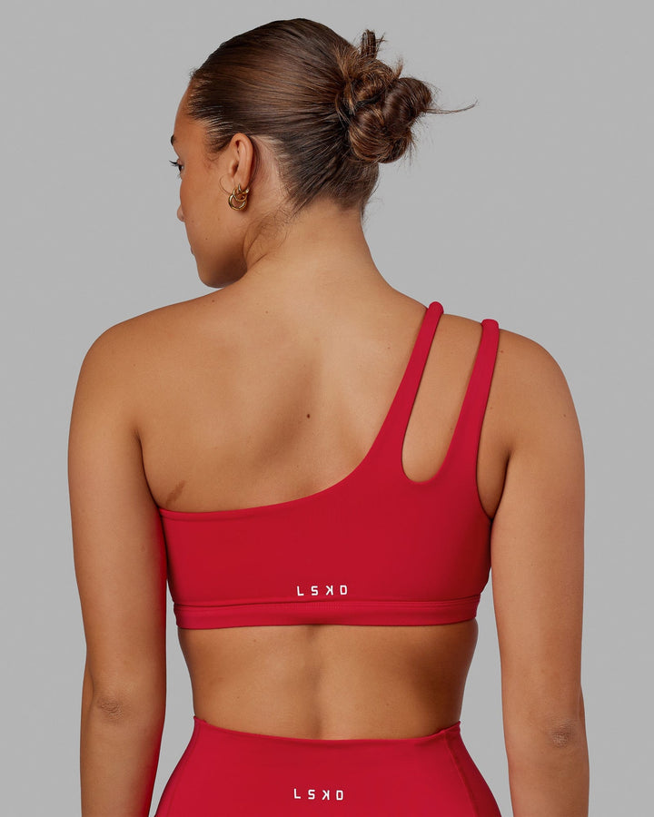 Woman wearing Set Up Sports Bra - Scarlet