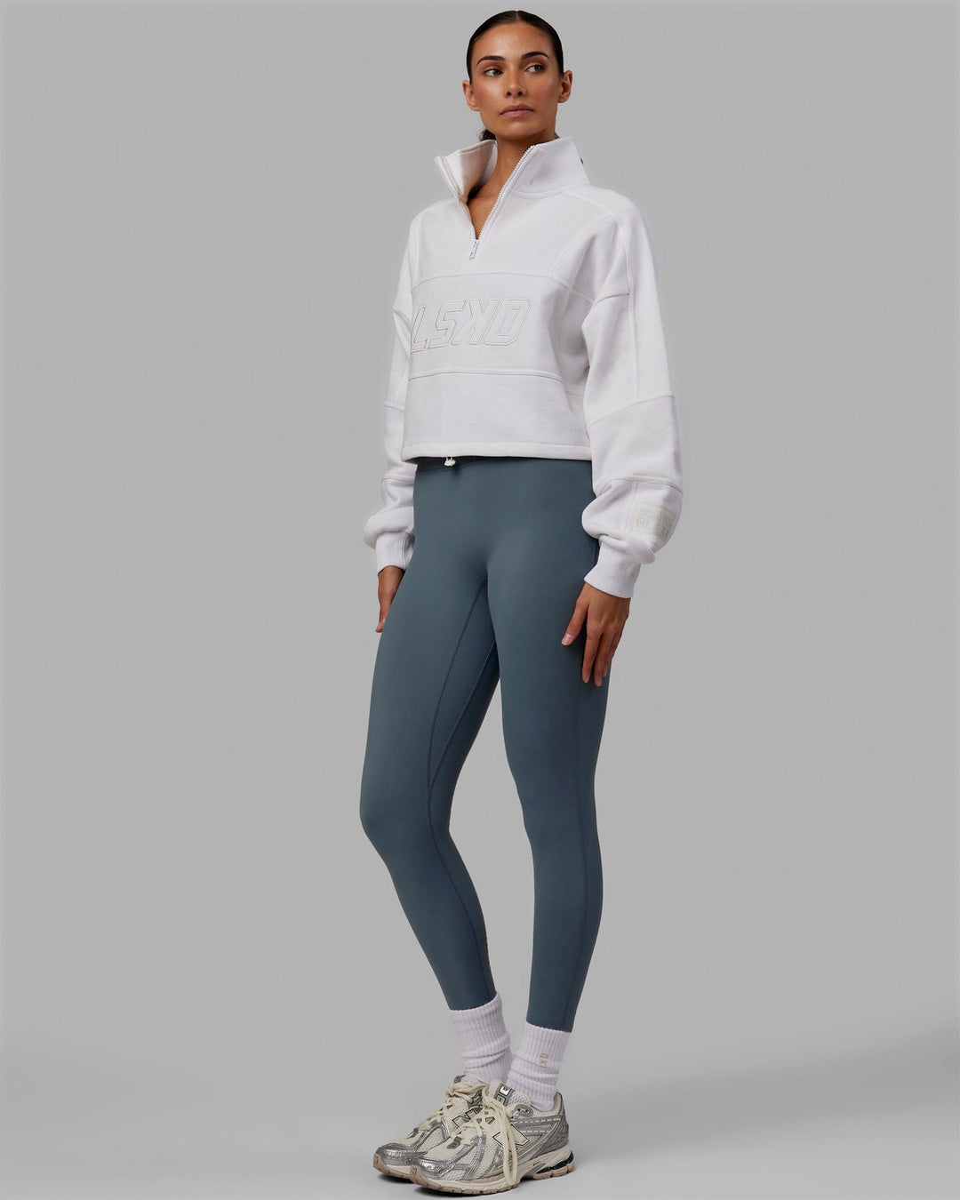 Woman wearing Slam 1/4 Zip Sweater - White-White