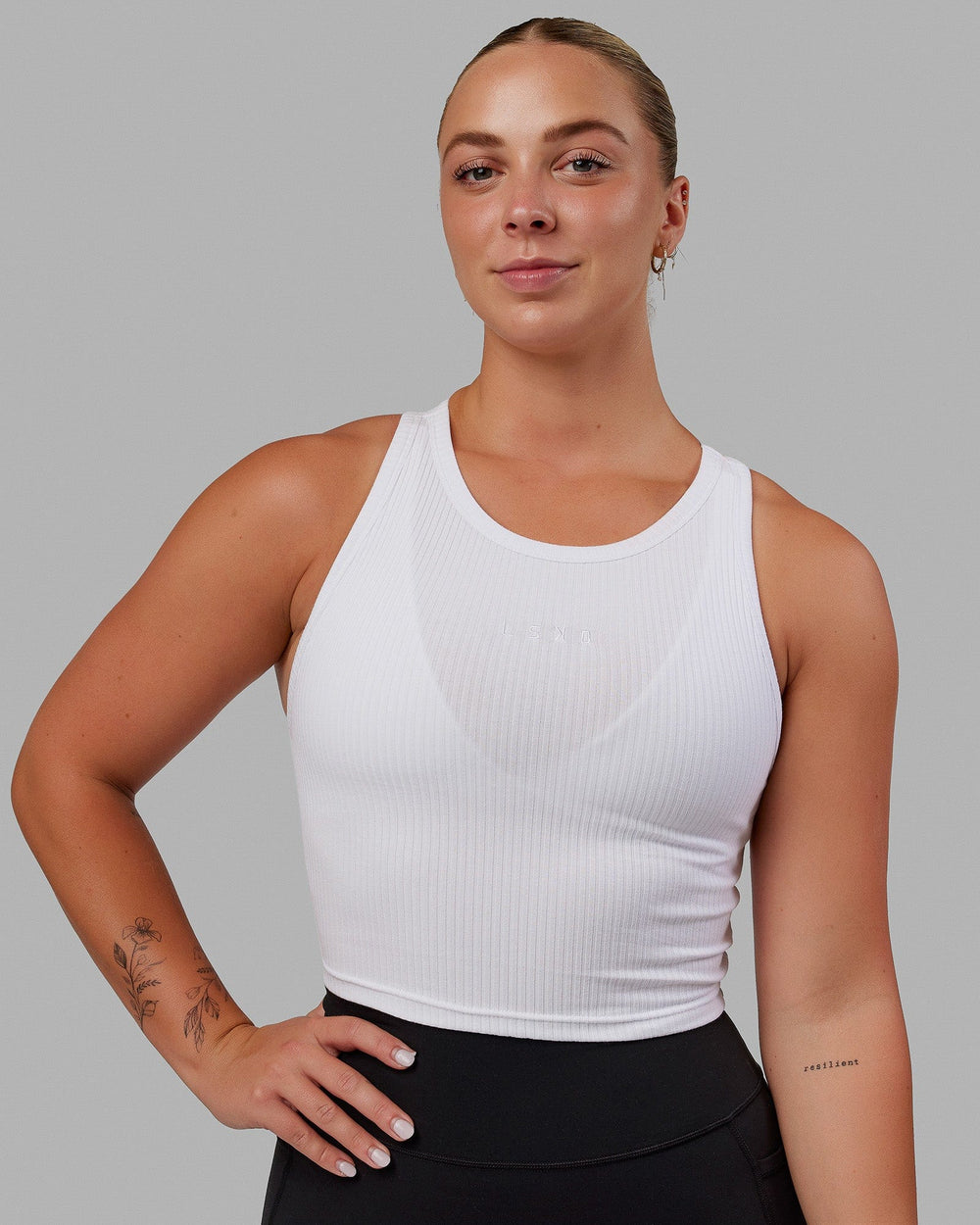 Woman wearing Squad Ribbed Tank - White