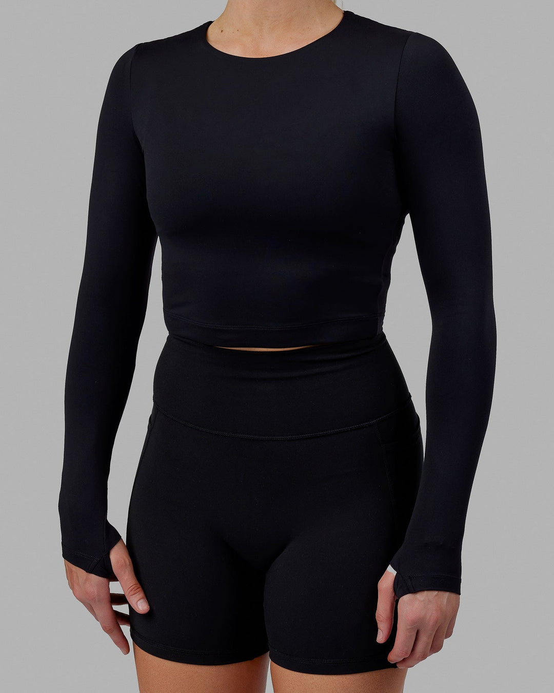 Woman wearing Staple LS Cropped Tee - Black