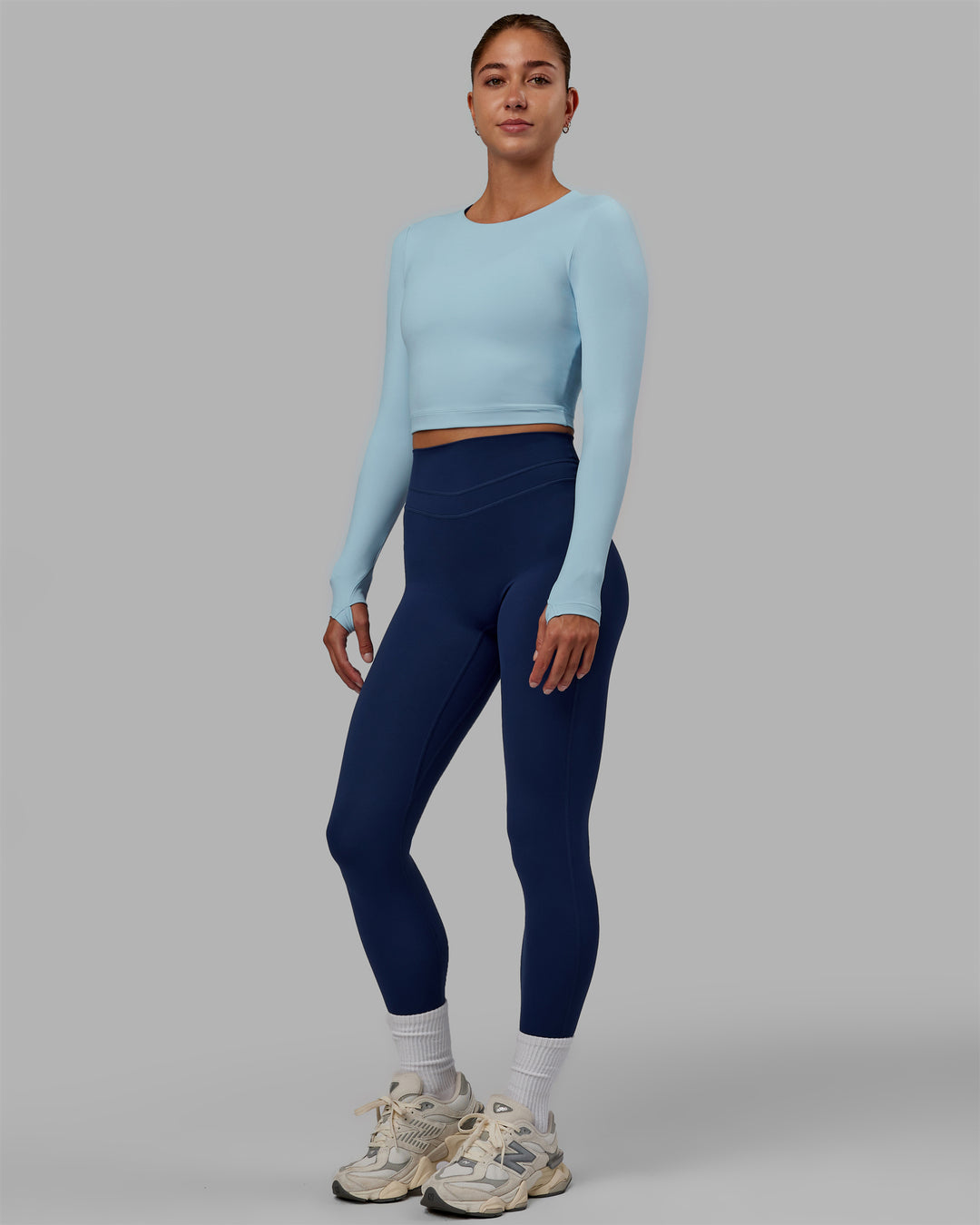 Woman wearing Staple LS Cropped Tee - Glacial Blue