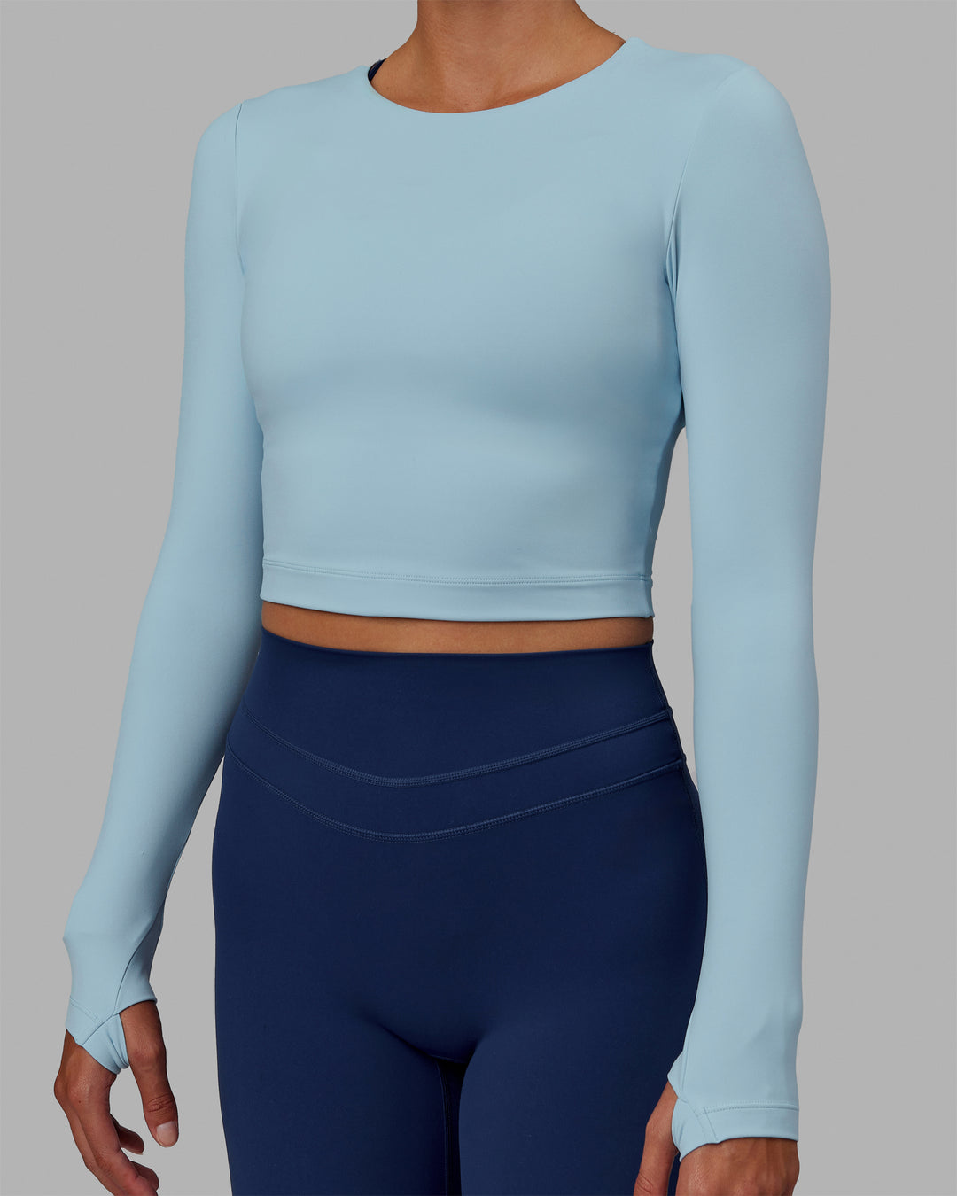 Woman wearing Staple LS Cropped Tee - Glacial Blue