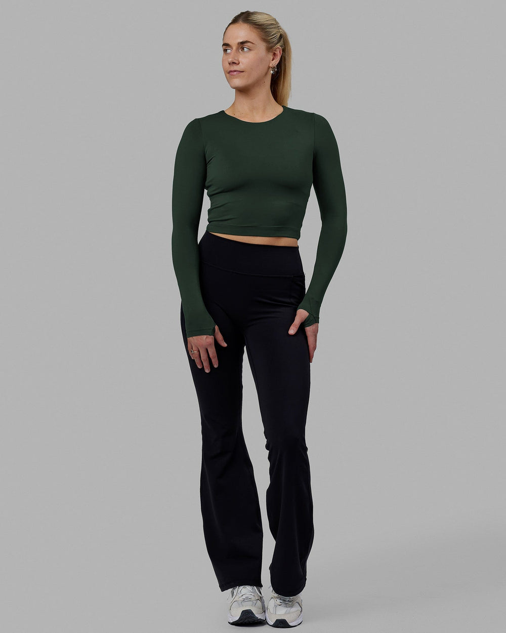 Woman wearing Staple LS Cropped Tee - Vital Green