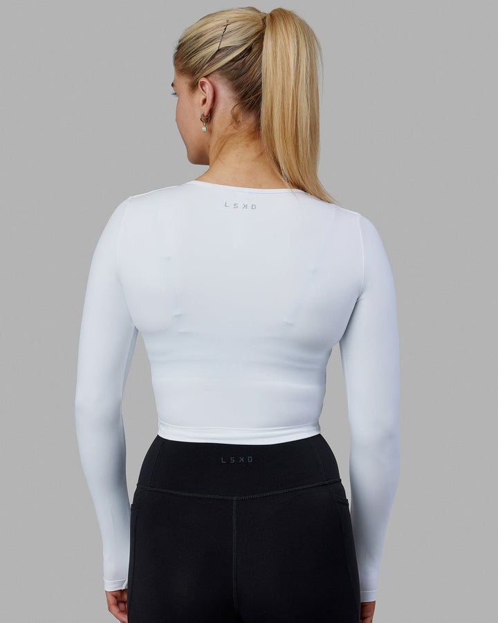 Woman wearing Staple LS Cropped Tee - White