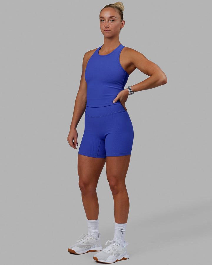 Woman wearing Strike Ribbed Mid Short Tights - Power Cobalt