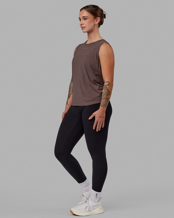 Woman wearing Swivel Open Back Tank - Peppercorn