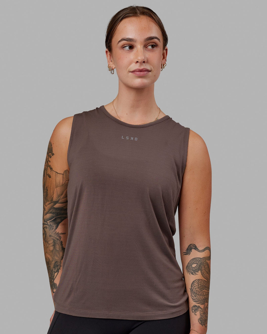 Woman wearing Swivel Open Back Tank - Peppercorn