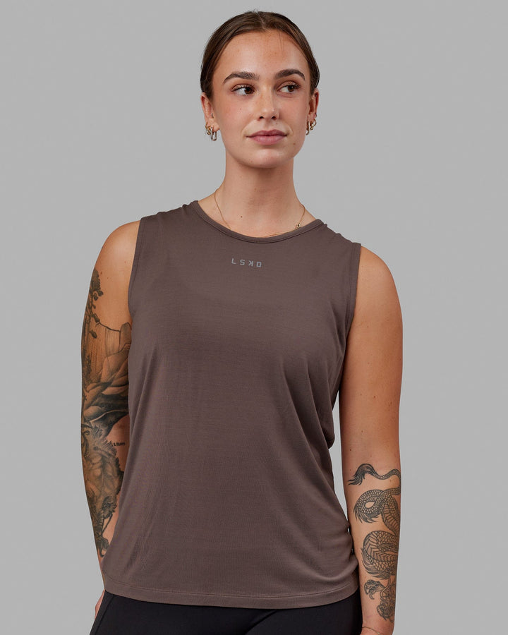 Woman wearing Swivel Open Back Tank - Peppercorn