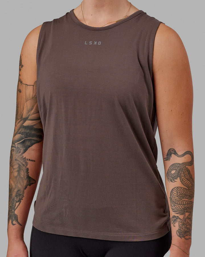 Woman wearing Swivel Open Back Tank - Peppercorn