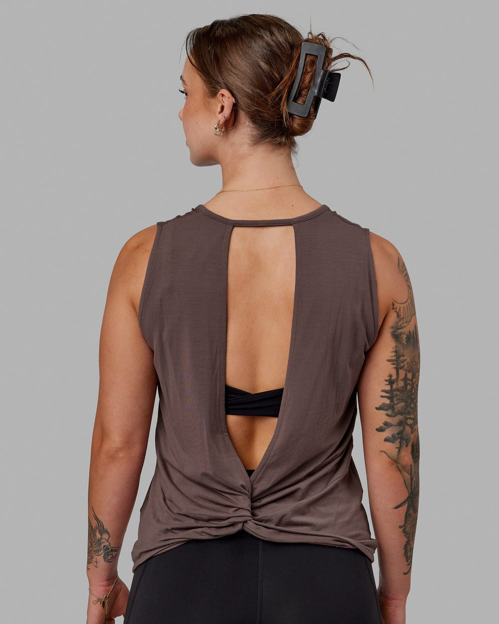 Woman wearing Swivel Open Back Tank - Peppercorn
