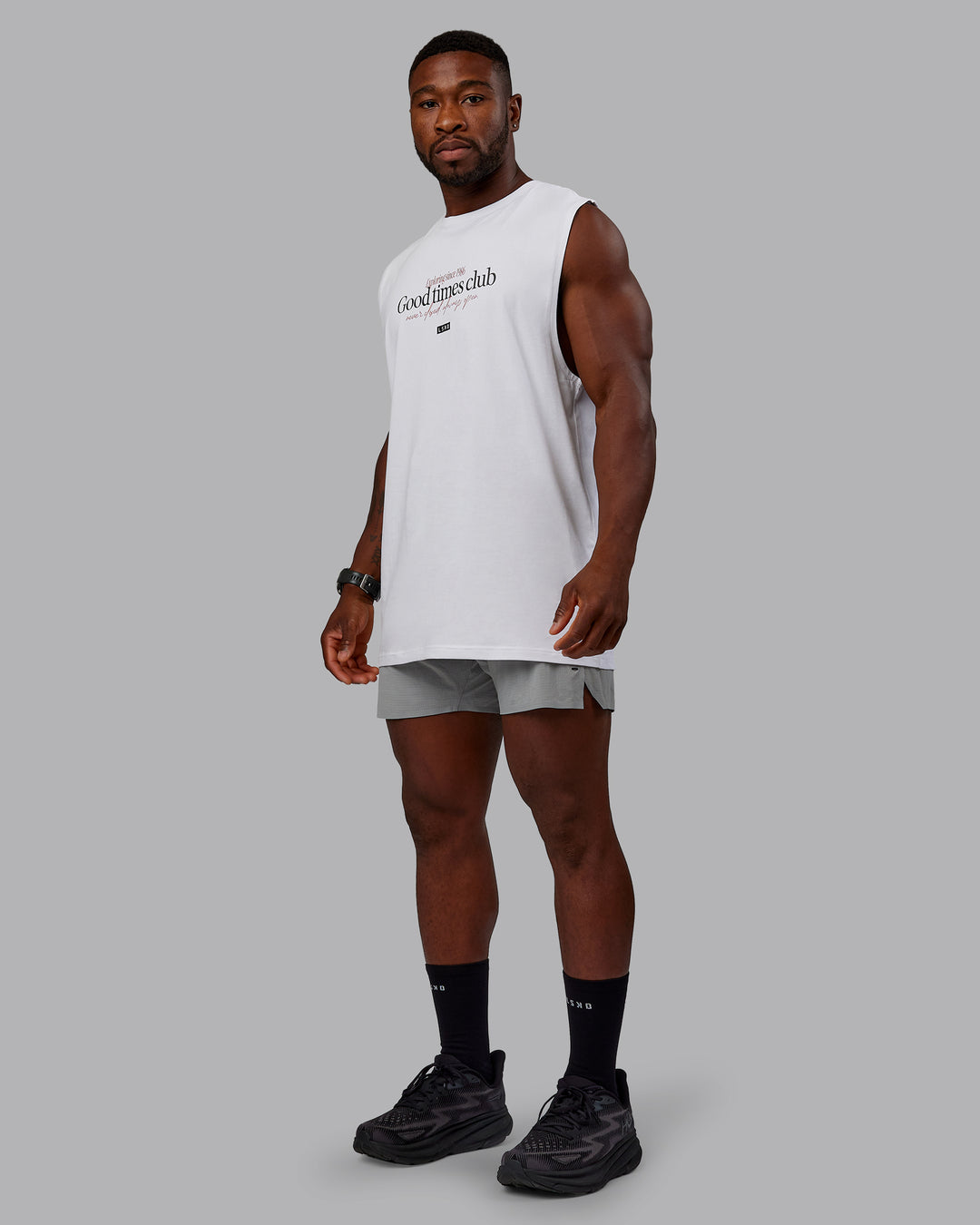 Man wearing UltraAir 5" Lined Performance Shorts - Circular Grey