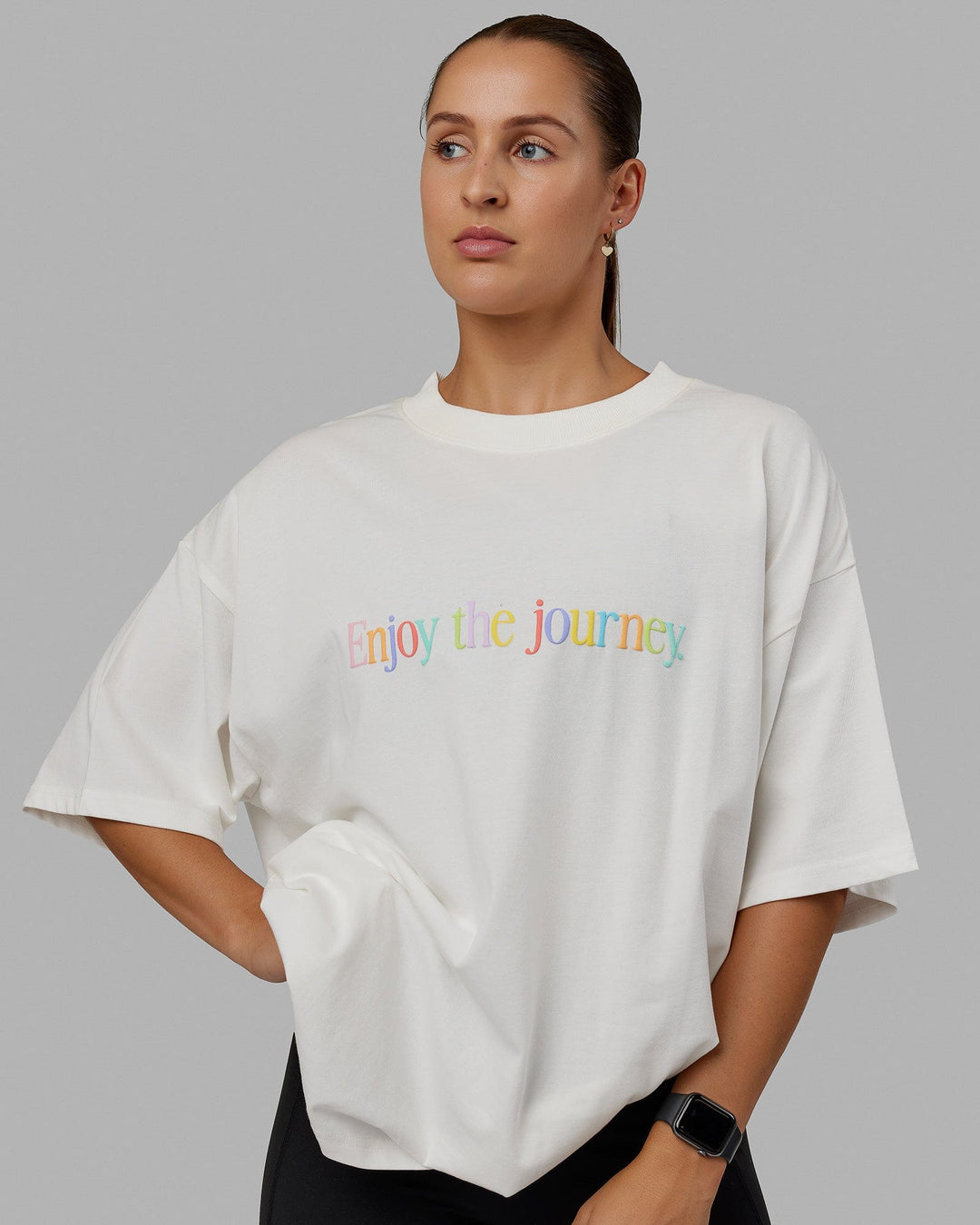 Woman wearing Unisex Enjoy The Journey Heavyweight Tee Oversize - Off White-Multi