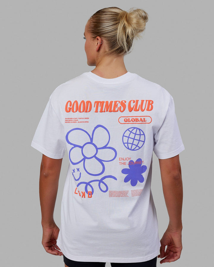Woman wearing Unisex Good Times Global Heavyweight Tee Oversize - White-Red-Purple