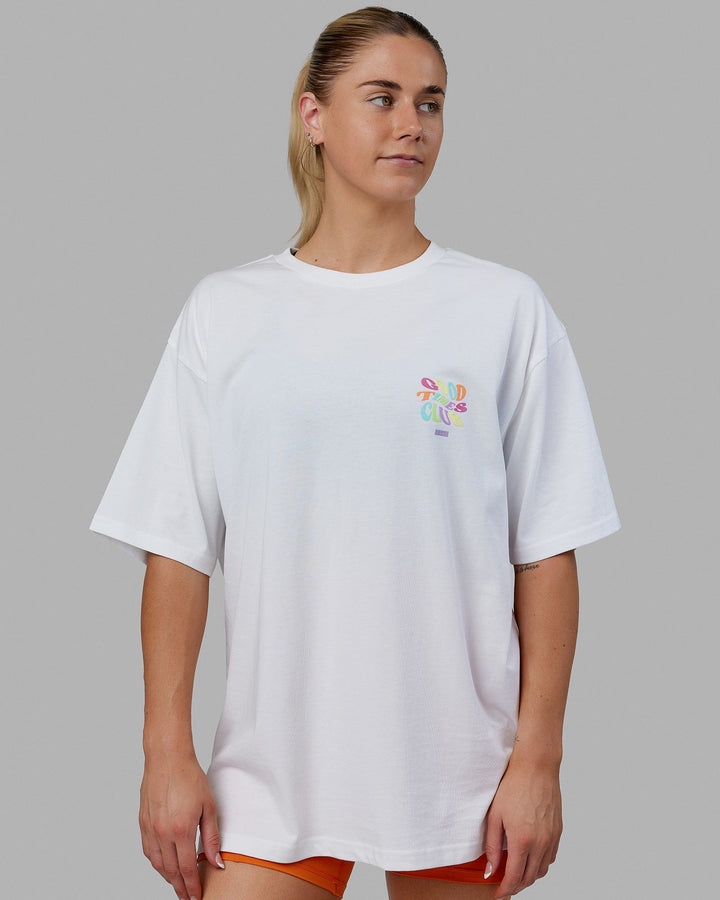 Woman wearing Unisex Good Times Heavyweight Tee Oversize - White-Multi