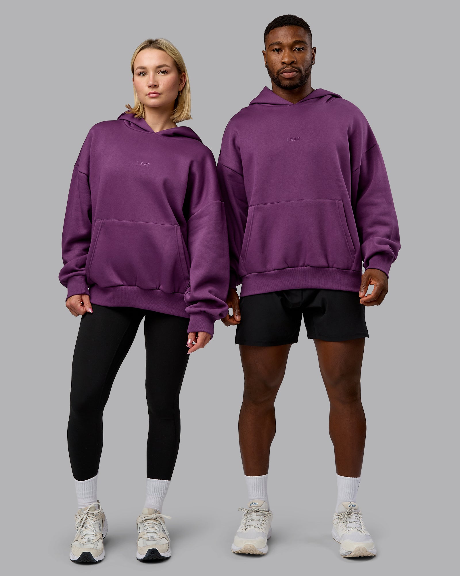 Duo wearing MVP Oversized Hoodie - Deep Purple | Model:Duo | Size:Duo