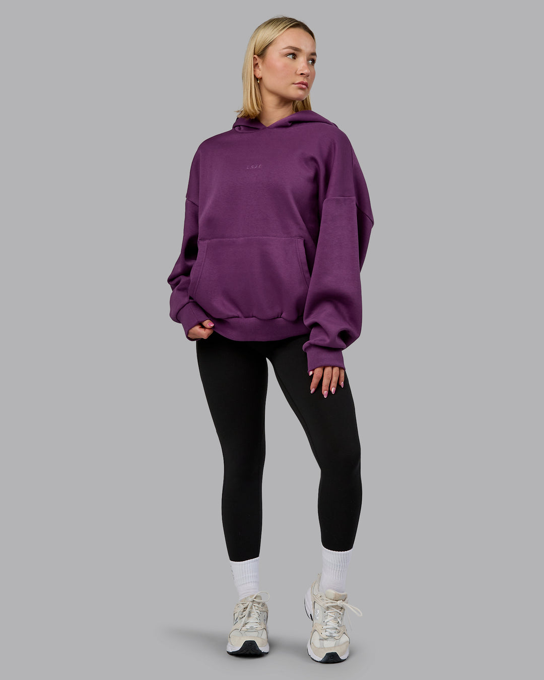Woman wearing MVP Oversized Hoodie - Deep Purple | Model:Halle | Size:XS