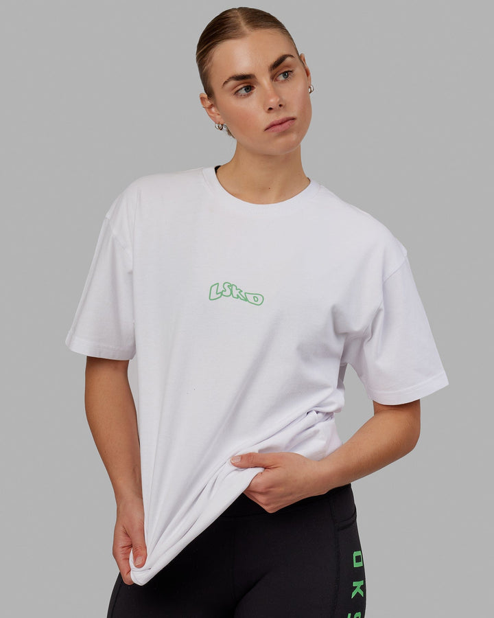 Woman wearing Unisex Mad Happy Heavyweight Tee Oversize - White