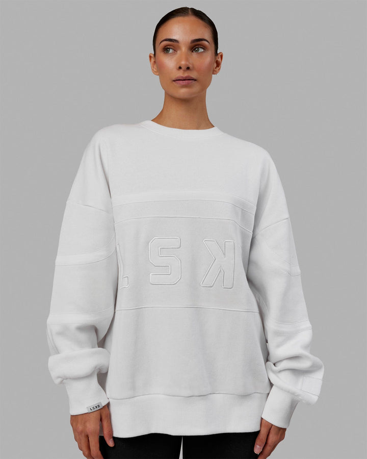Woman wearing Unisex PrimeTime Sweater Oversize - White-White