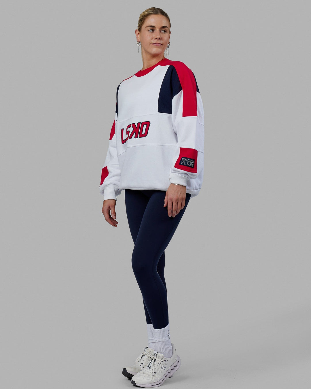 Woman wearing Unisex Slam Sweater Oversize - White-Red