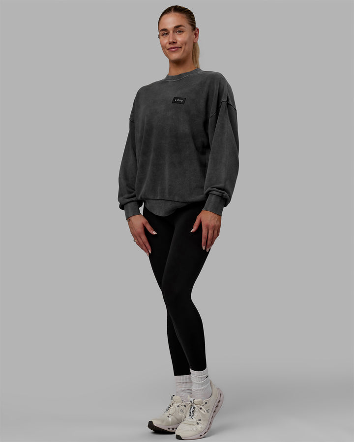 Woman wearing Unisex Washed Segmented Oversized Sweater - Black